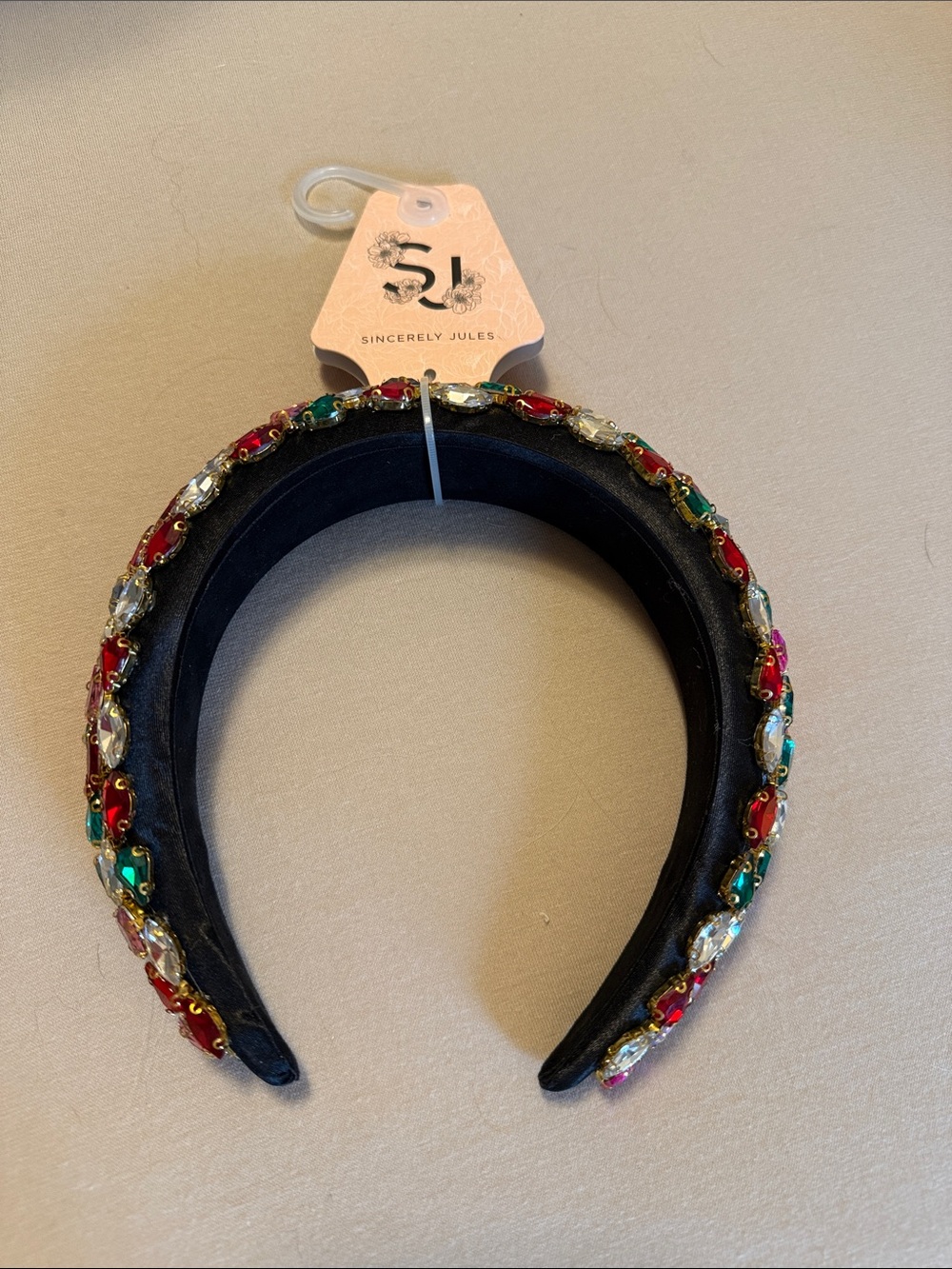 Sincerly Jules Black Padded Headband with Red, Green and Clear Gems